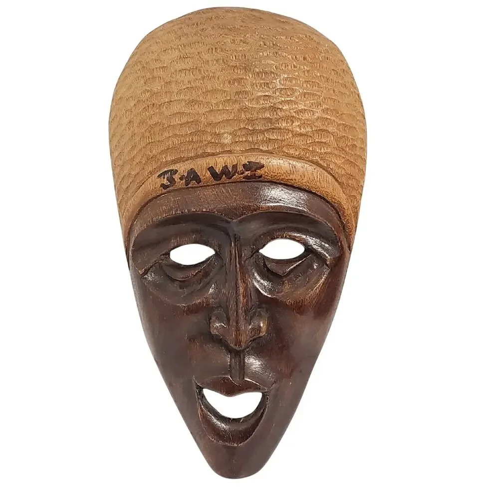 Signed Artisan Hand Carved African Tribal Brown and Tan Face Mask Wall Art 13